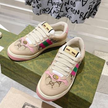 Gucci Womens Screener Trainer Sneakers in Beige Fabric with Web and Strass Pink 2024 (SS-241119129)