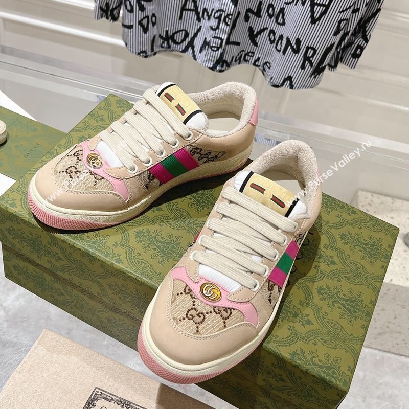 Gucci Womens Screener Trainer Sneakers in Beige Fabric with Web and Strass Pink 2024 (SS-241119129)