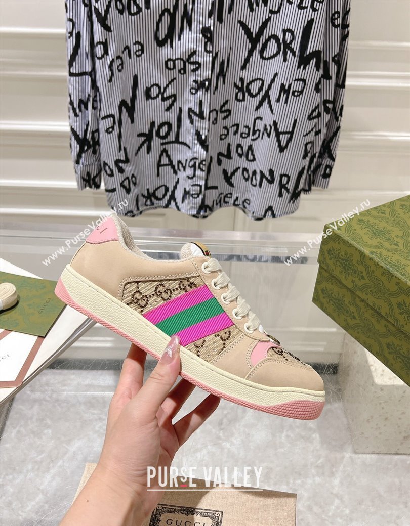 Gucci Womens Screener Trainer Sneakers in Beige Fabric with Web and Strass Pink 2024 (SS-241119129)