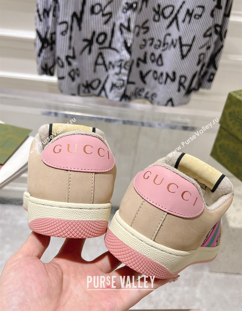 Gucci Womens Screener Trainer Sneakers in Beige Fabric with Web and Strass Pink 2024 (SS-241119129)