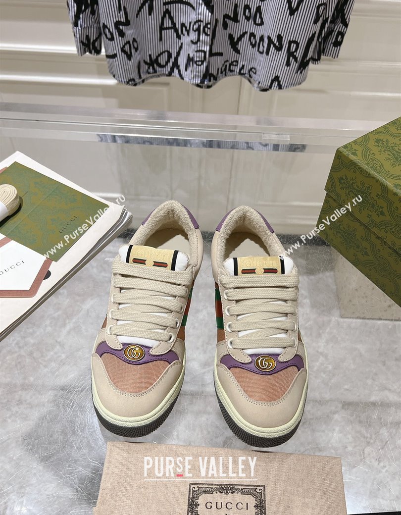 Gucci Screener Trainer Sneakers in Beige Suede and Fabric with Web Purple 2024 (SS-241119130)