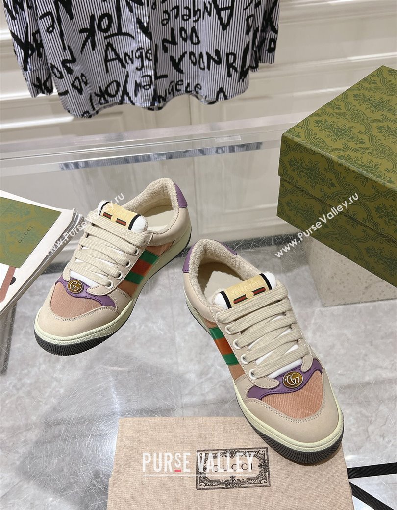 Gucci Screener Trainer Sneakers in Beige Suede and Fabric with Web Purple 2024 (SS-241119130)