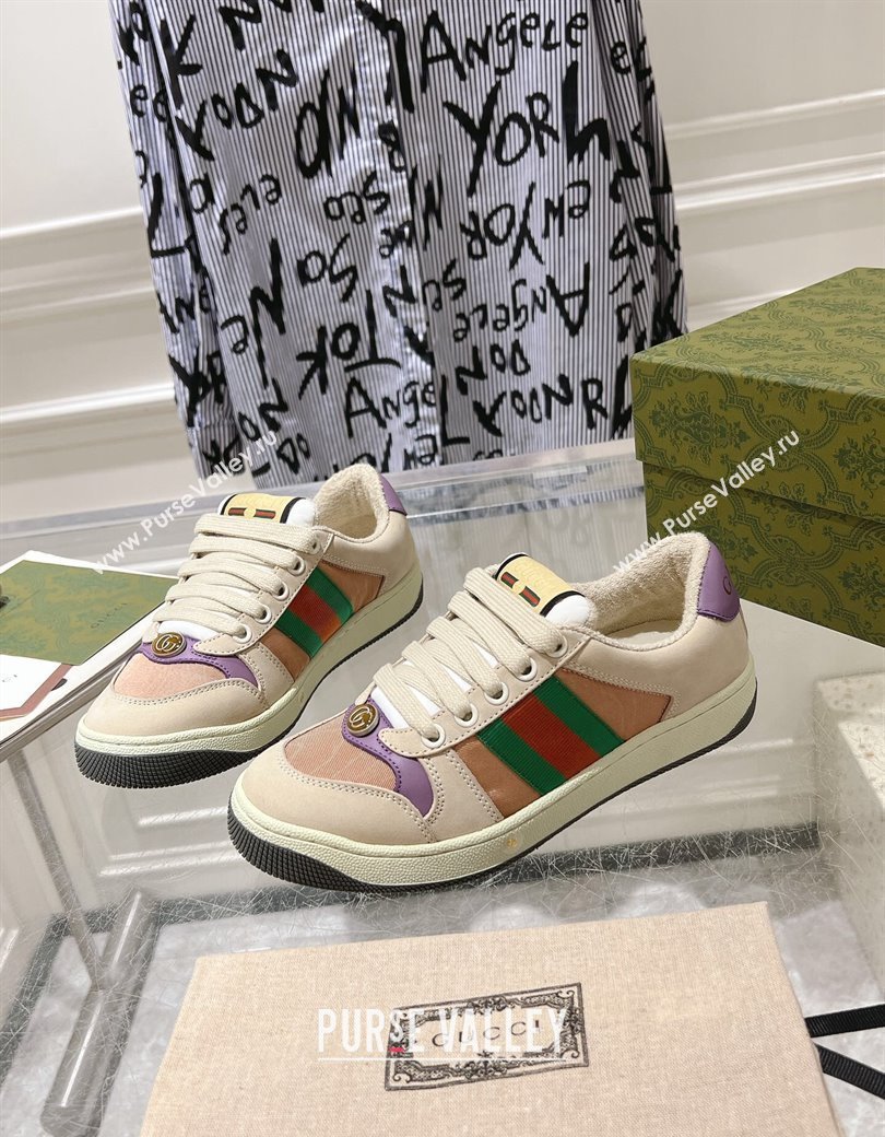 Gucci Screener Trainer Sneakers in Beige Suede and Fabric with Web Purple 2024 (SS-241119130)