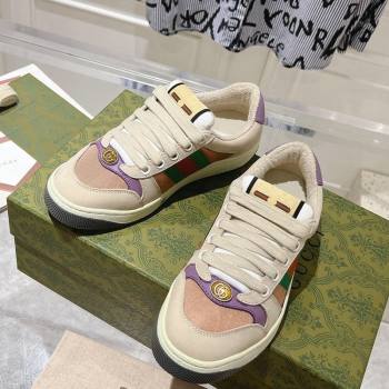 Gucci Screener Trainer Sneakers in Beige Suede and Fabric with Web Purple 2024 (SS-241119130)