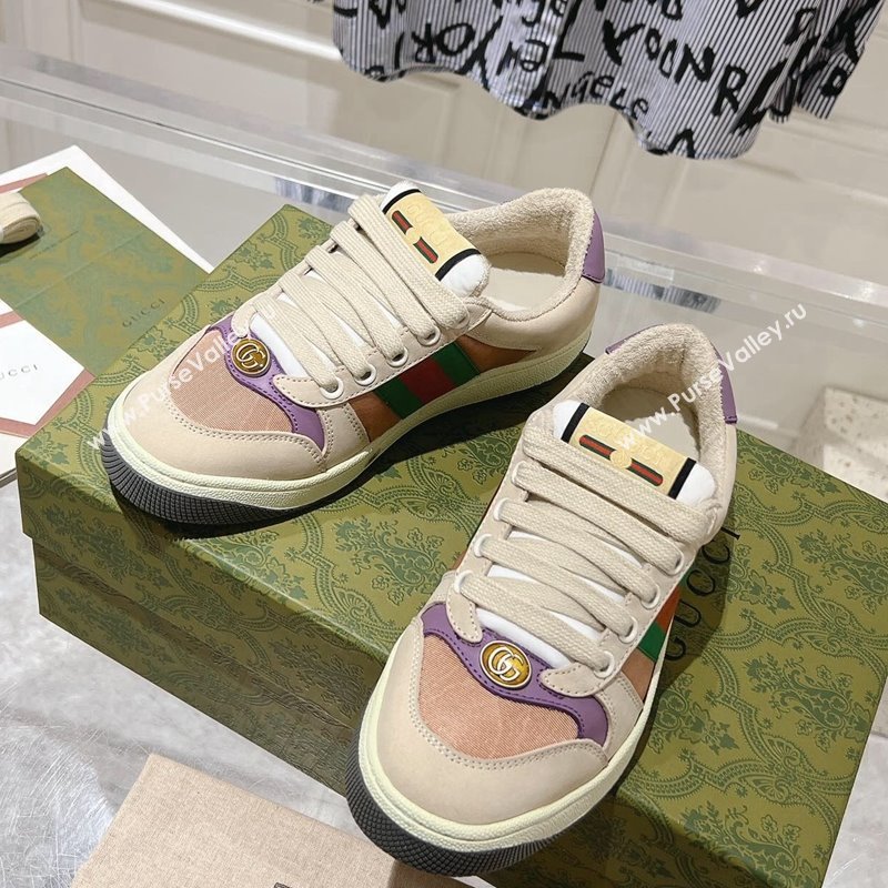 Gucci Screener Trainer Sneakers in Beige Suede and Fabric with Web Purple 2024 (SS-241119130)