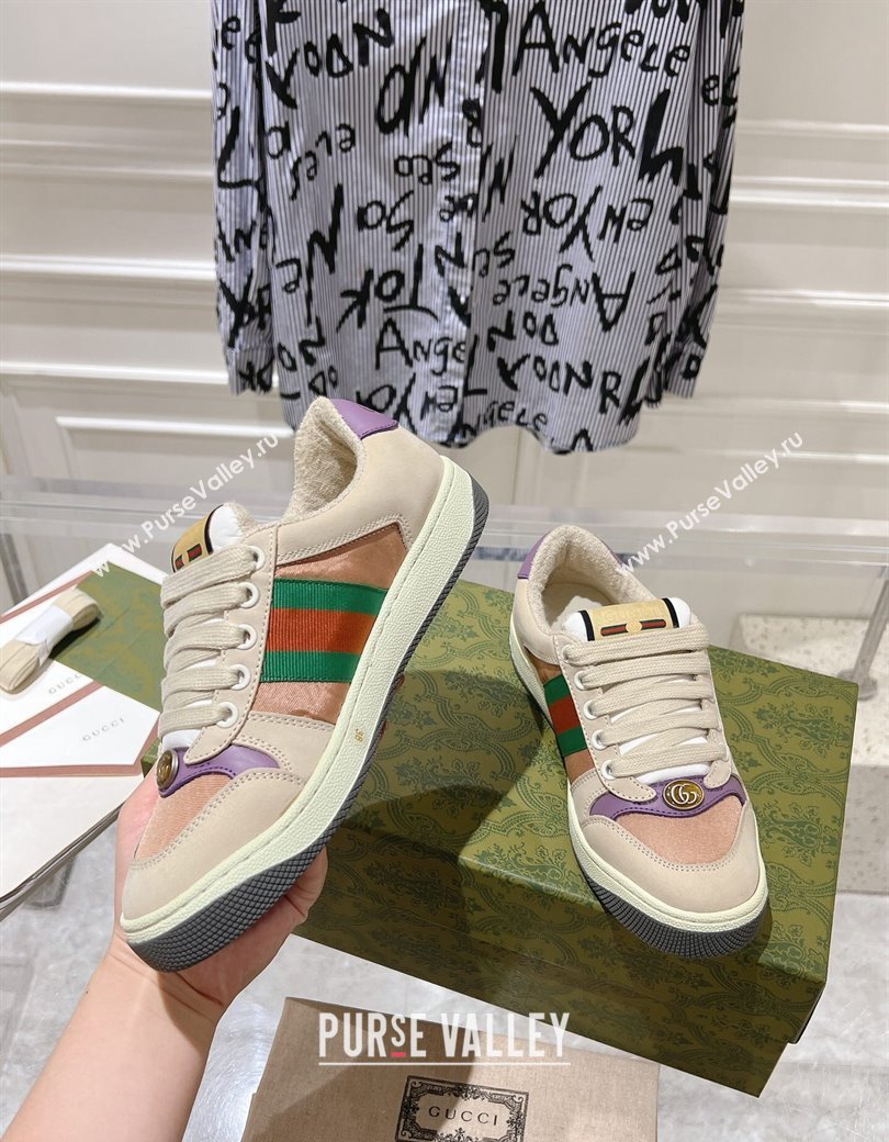 Gucci Screener Trainer Sneakers in Beige Suede and Fabric with Web Purple 2024 (SS-241119130)