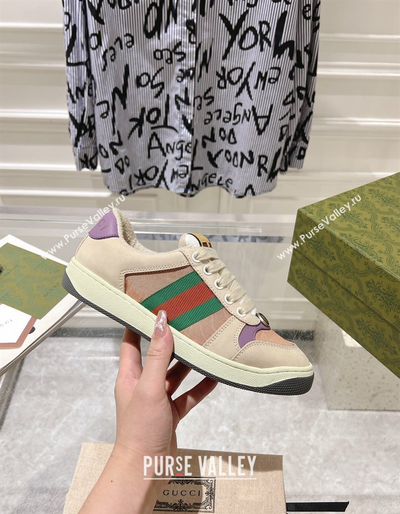 Gucci Screener Trainer Sneakers in Beige Suede and Fabric with Web Purple 2024 (SS-241119130)