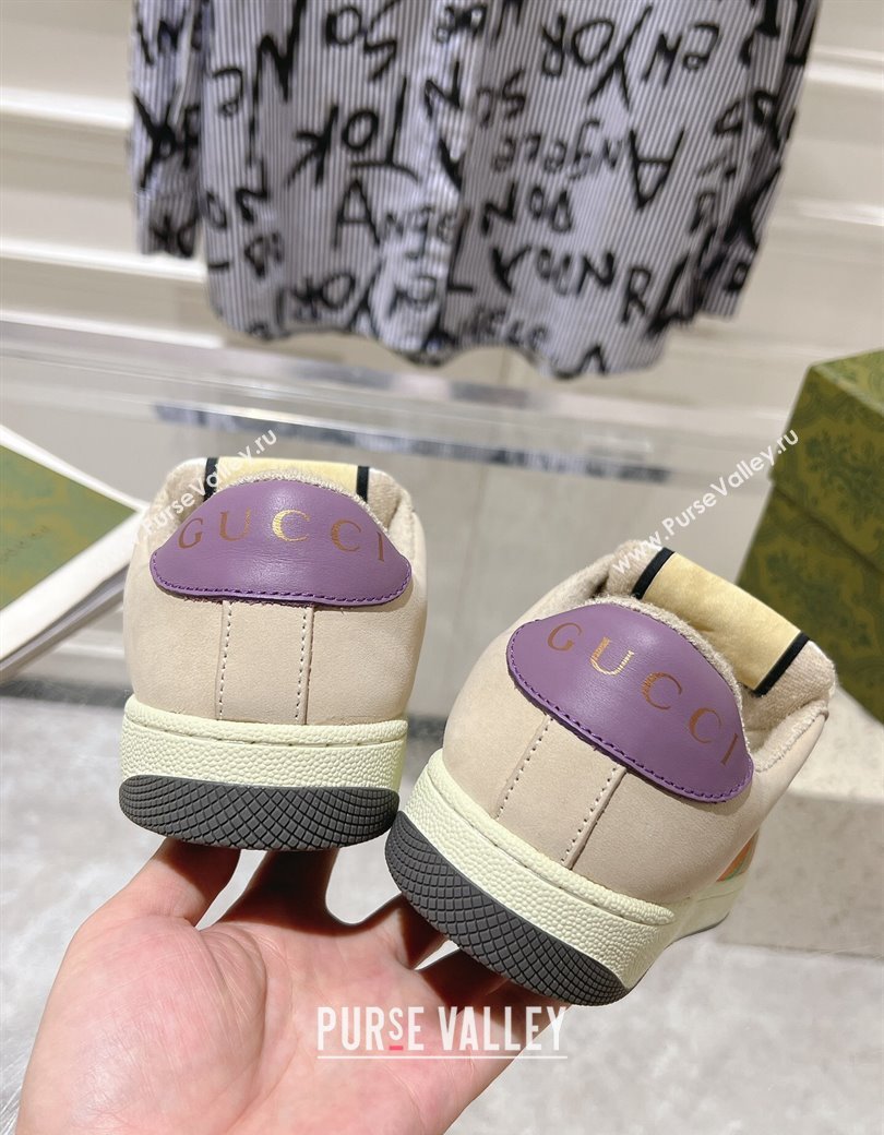 Gucci Screener Trainer Sneakers in Beige Suede and Fabric with Web Purple 2024 (SS-241119130)