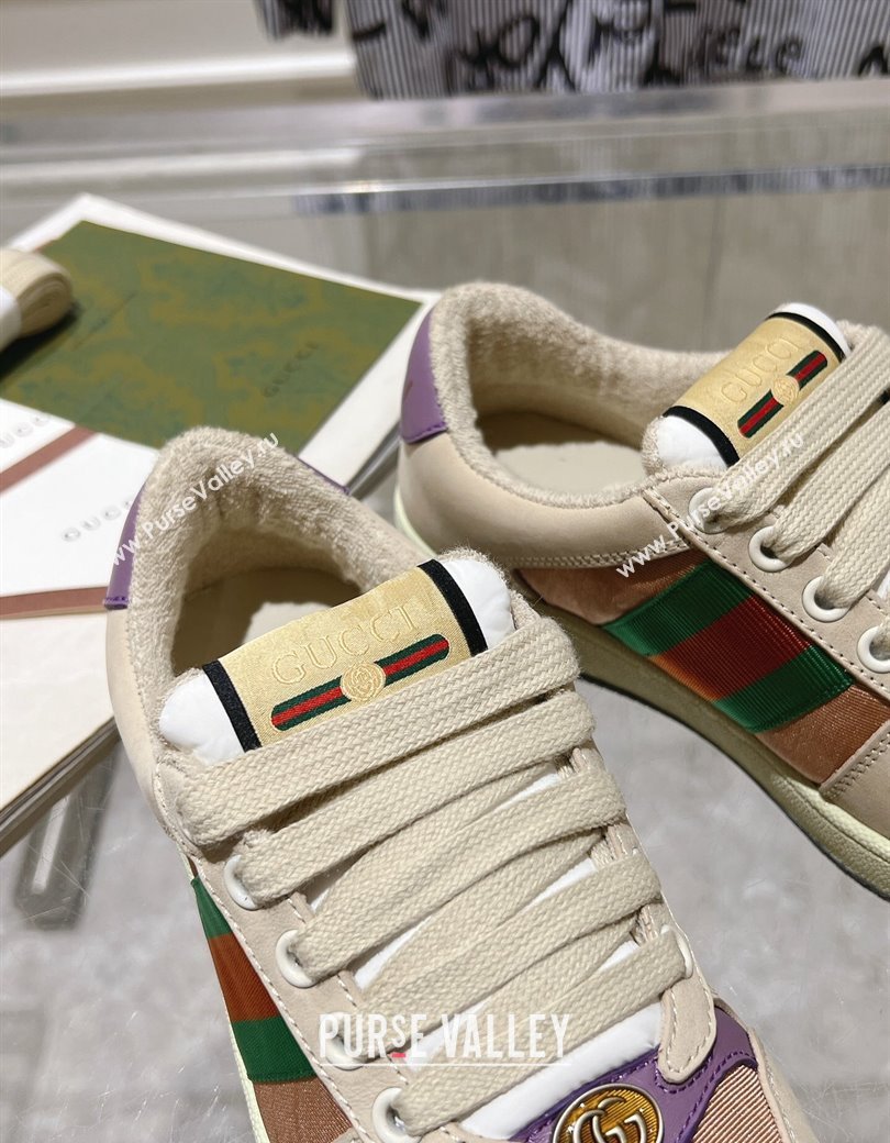 Gucci Screener Trainer Sneakers in Beige Suede and Fabric with Web Purple 2024 (SS-241119130)