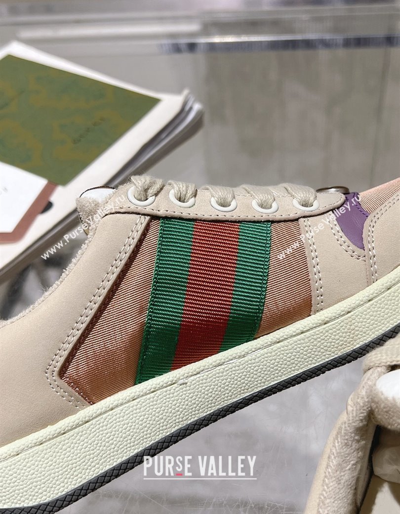 Gucci Screener Trainer Sneakers in Beige Suede and Fabric with Web Purple 2024 (SS-241119130)