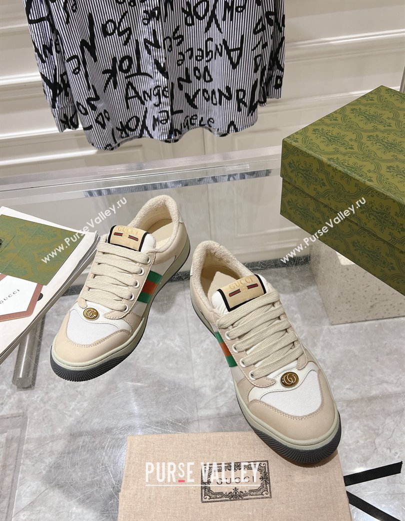 Gucci Screener Trainer Sneakers in Beige Suede and Fabric with Web White 2024 (SS-241119131)