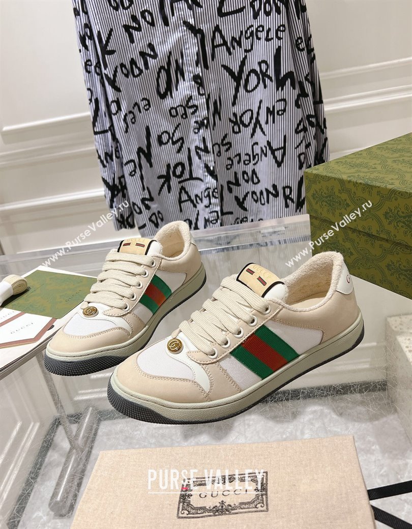 Gucci Screener Trainer Sneakers in Beige Suede and Fabric with Web White 2024 (SS-241119131)