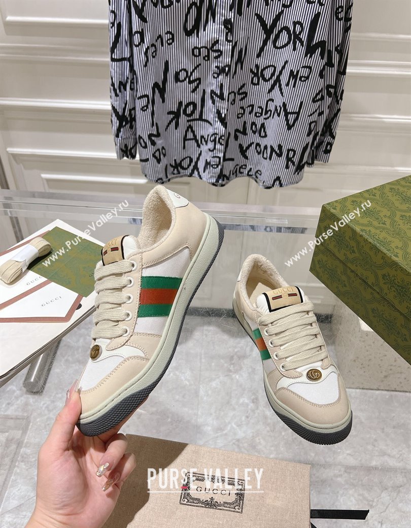 Gucci Screener Trainer Sneakers in Beige Suede and Fabric with Web White 2024 (SS-241119131)