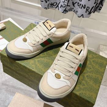 Gucci Screener Trainer Sneakers in Beige Suede and Fabric with Web White 2024 (SS-241119131)