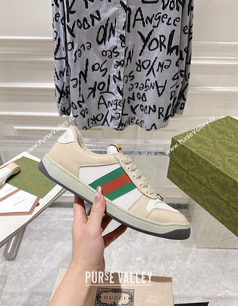 Gucci Screener Trainer Sneakers in Beige Suede and Fabric with Web White 2024 (SS-241119131)