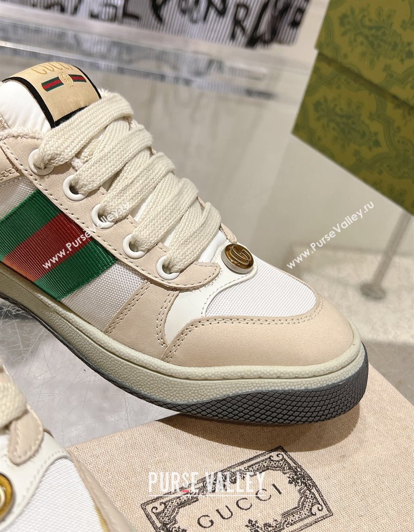 Gucci Screener Trainer Sneakers in Beige Suede and Fabric with Web White 2024 (SS-241119131)