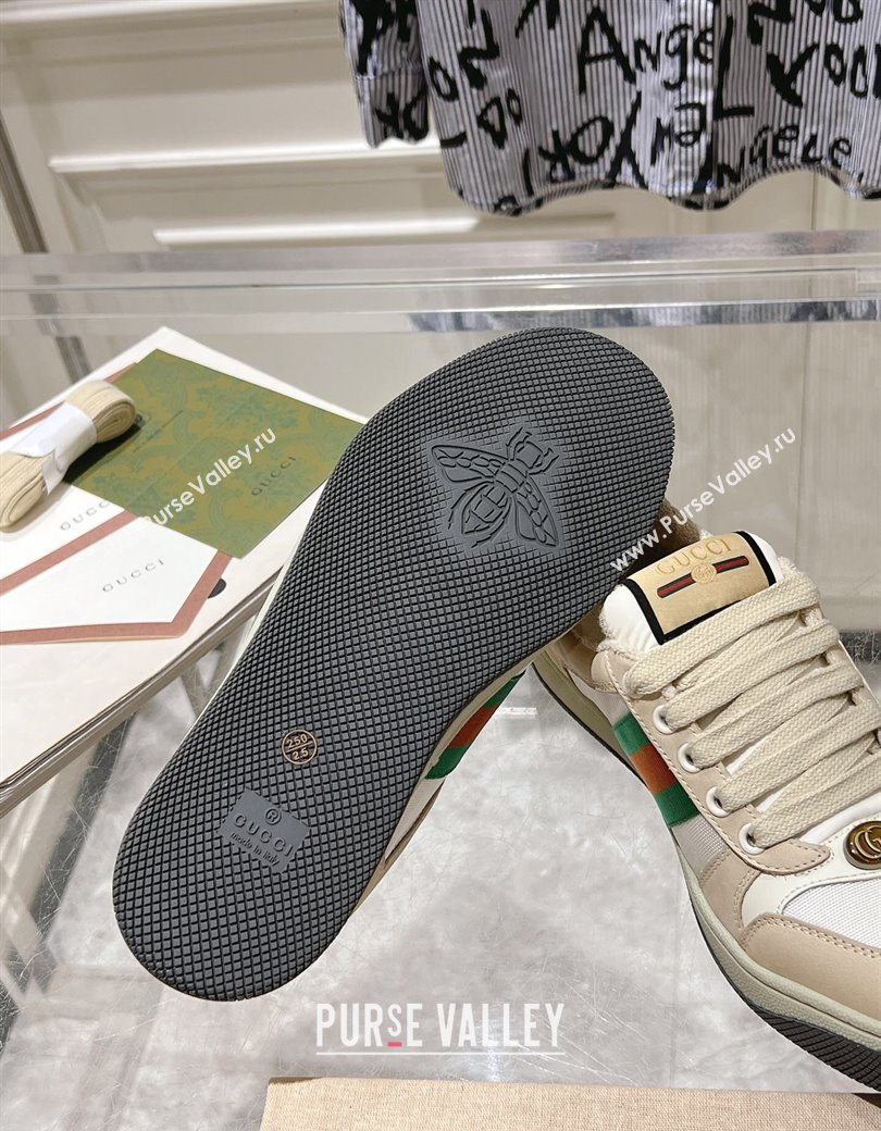 Gucci Screener Trainer Sneakers in Beige Suede and Fabric with Web White 2024 (SS-241119131)