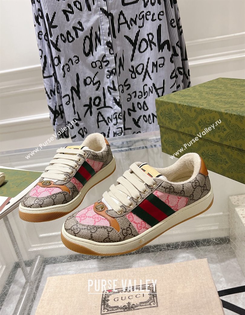 Gucci Screener Trainer Sneakers in GG Canvas with Web Beige/Pink 2024 1119 (SS-241119133)