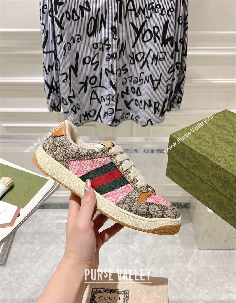 Gucci Screener Trainer Sneakers in GG Canvas with Web Beige/Pink 2024 1119 (SS-241119133)