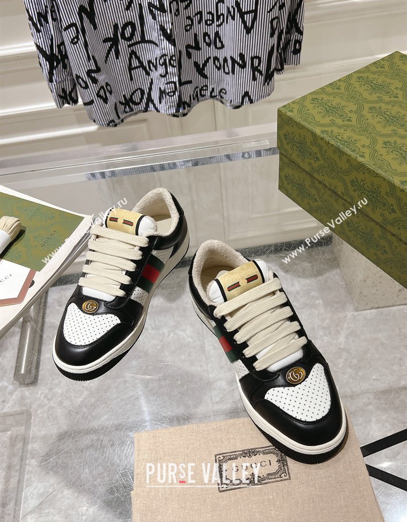 Gucci Screener Trainer Sneakers in Perforated Leather with Web Black/White 2024 1119 (SS-241119137)