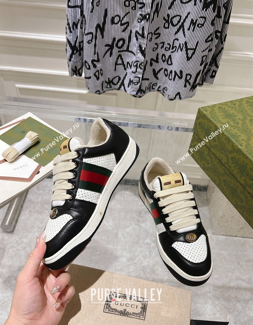 Gucci Screener Trainer Sneakers in Perforated Leather with Web Black/White 2024 1119 (SS-241119137)