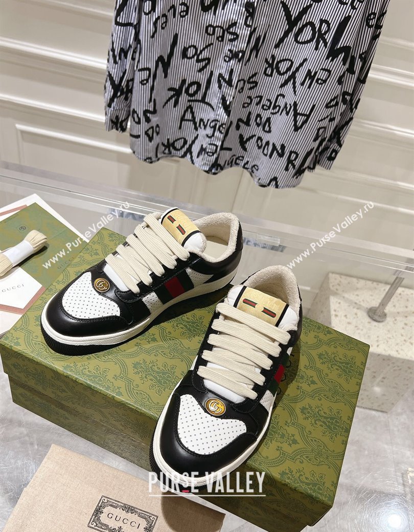 Gucci Screener Trainer Sneakers in Perforated Leather with Web Black/White 2024 1119 (SS-241119137)