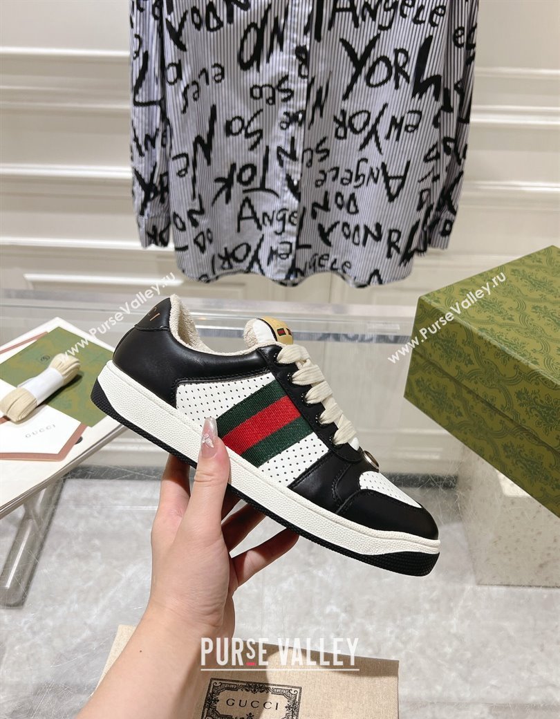 Gucci Screener Trainer Sneakers in Perforated Leather with Web Black/White 2024 1119 (SS-241119137)