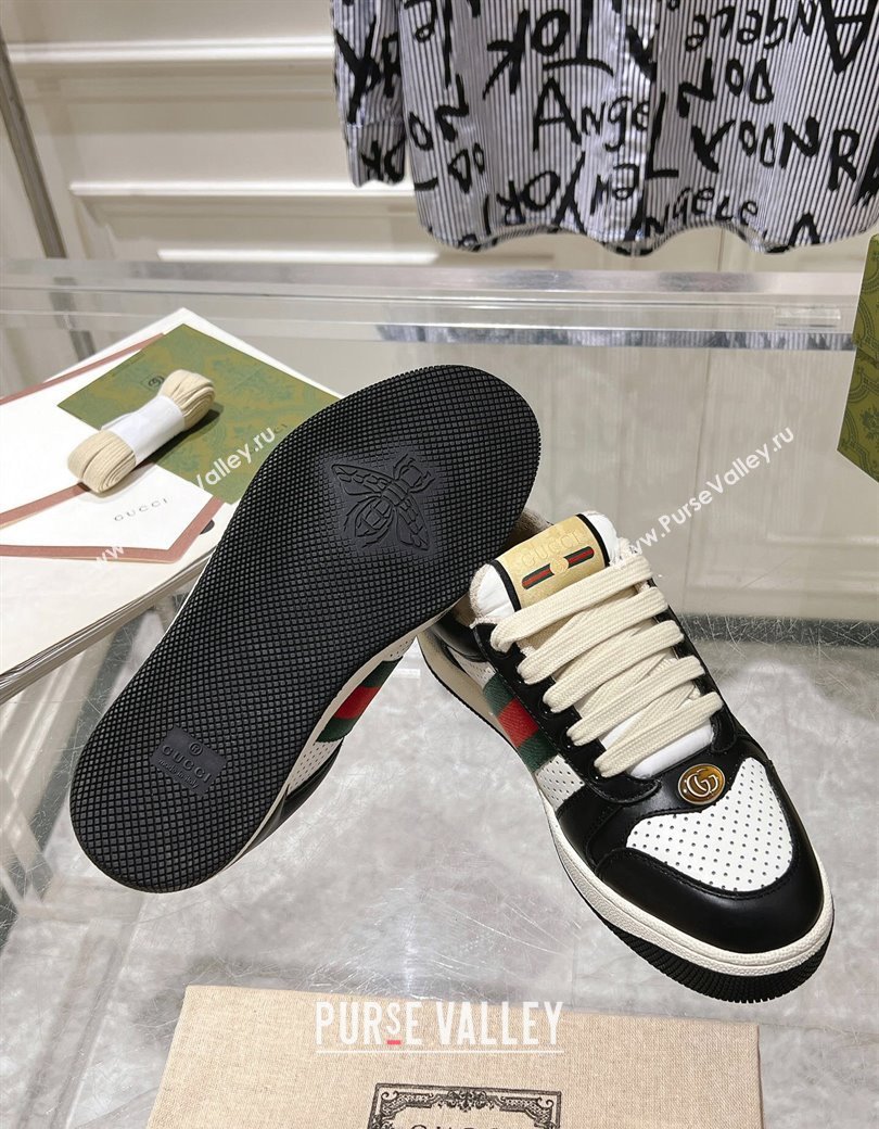 Gucci Screener Trainer Sneakers in Perforated Leather with Web Black/White 2024 1119 (SS-241119137)