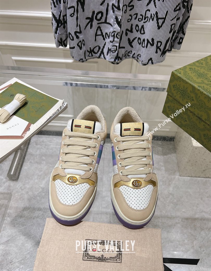 Gucci Screener Trainer Sneakers in Perforated Leather with Web Beige/Gold 2024 1119 (SS-241119138)