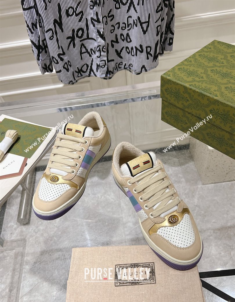 Gucci Screener Trainer Sneakers in Perforated Leather with Web Beige/Gold 2024 1119 (SS-241119138)