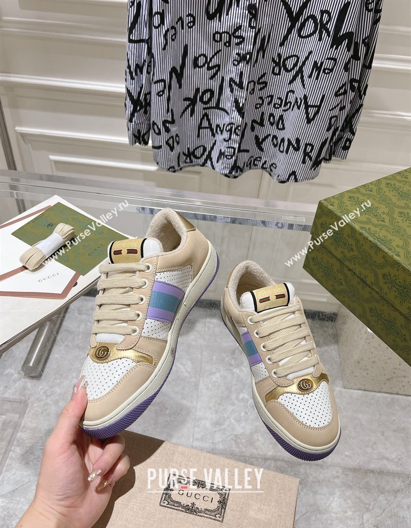 Gucci Screener Trainer Sneakers in Perforated Leather with Web Beige/Gold 2024 1119 (SS-241119138)