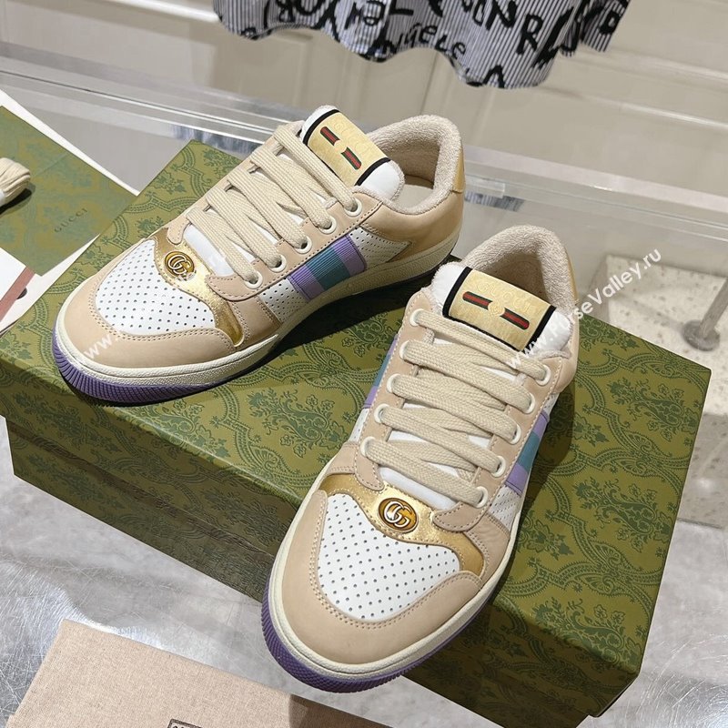 Gucci Screener Trainer Sneakers in Perforated Leather with Web Beige/Gold 2024 1119 (SS-241119138)