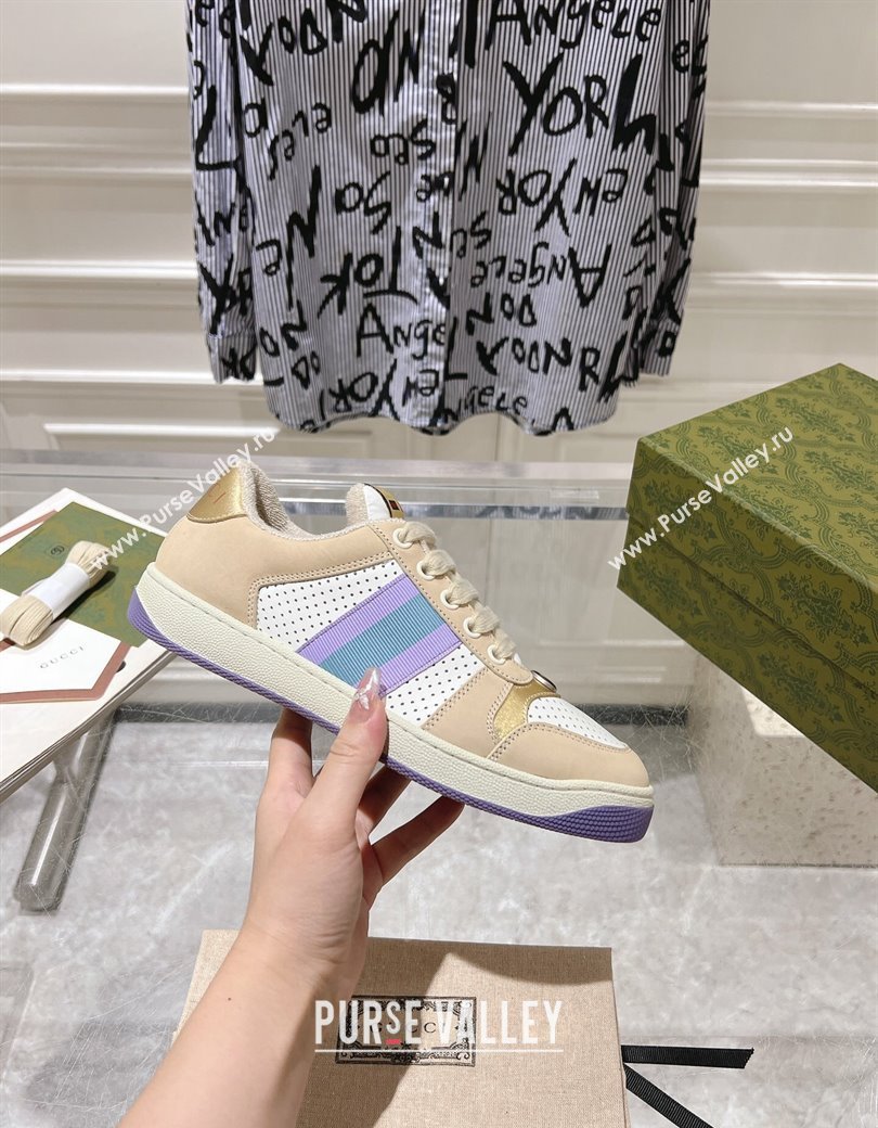 Gucci Screener Trainer Sneakers in Perforated Leather with Web Beige/Gold 2024 1119 (SS-241119138)