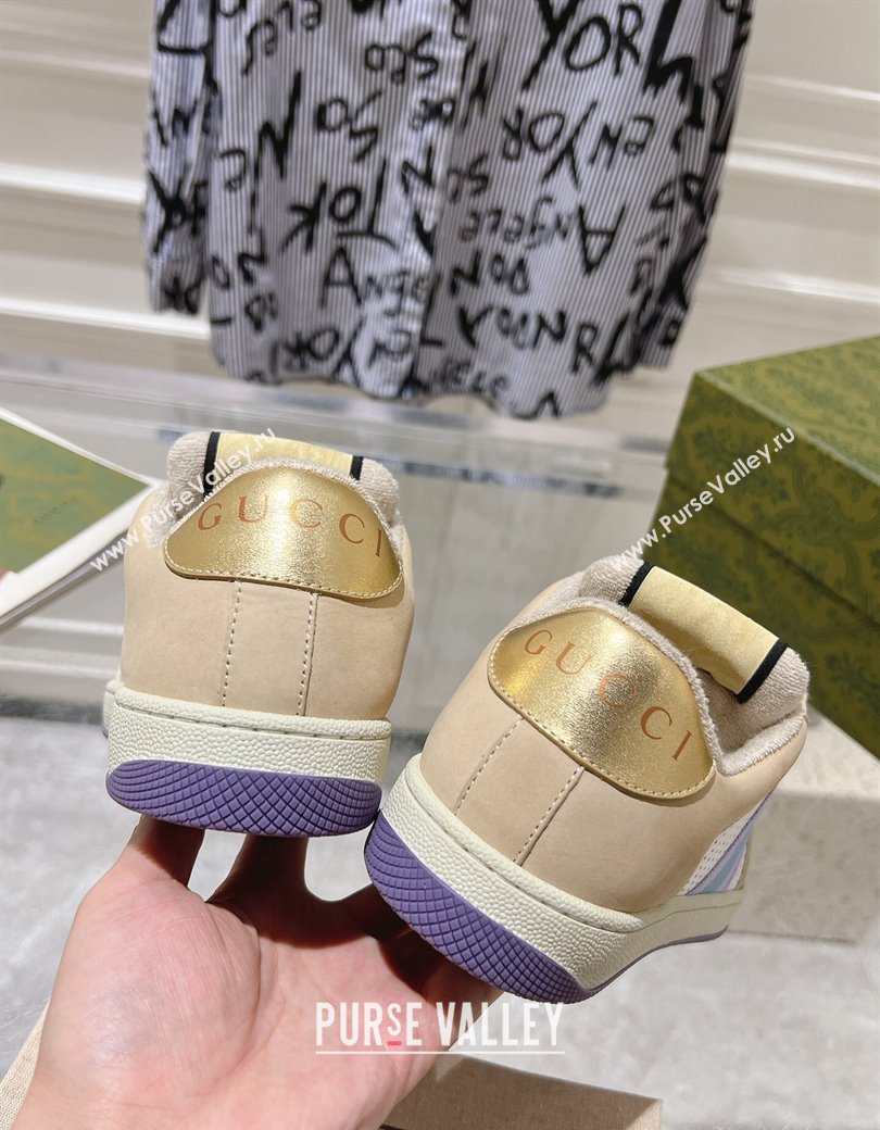 Gucci Screener Trainer Sneakers in Perforated Leather with Web Beige/Gold 2024 1119 (SS-241119138)