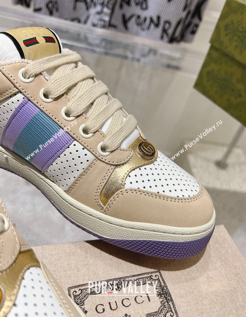 Gucci Screener Trainer Sneakers in Perforated Leather with Web Beige/Gold 2024 1119 (SS-241119138)