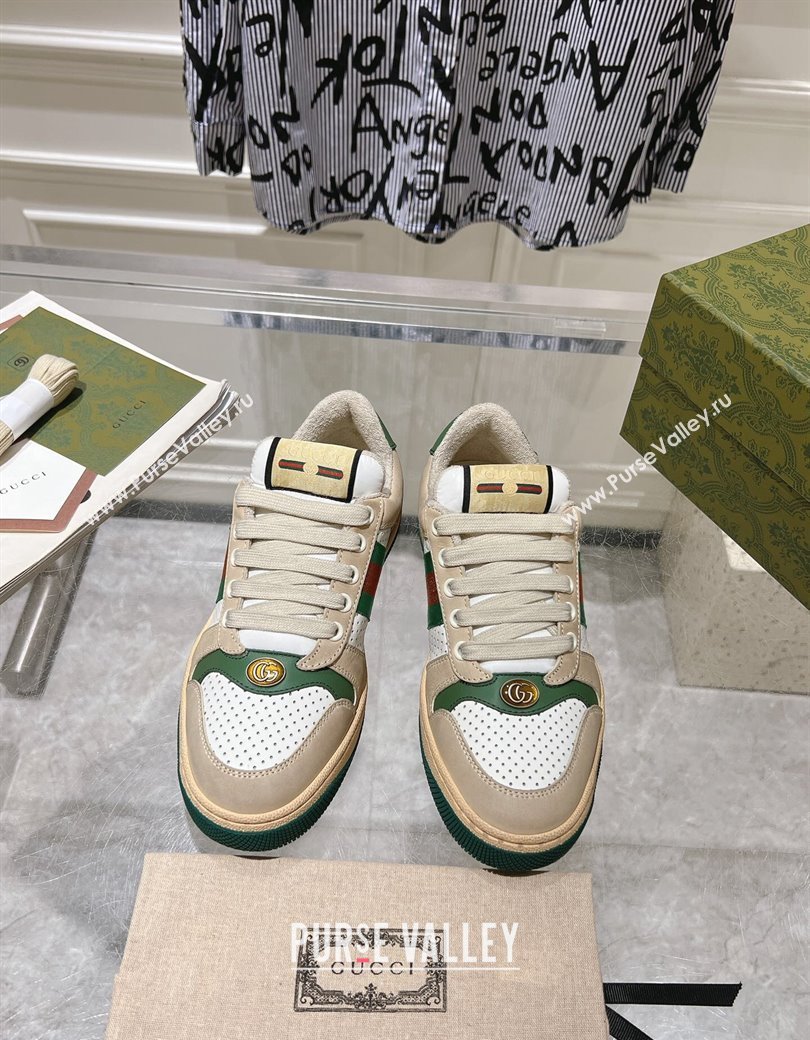 Gucci Screener Trainer Sneakers in Perforated Leather with Web Beige/Green 2024 1119 (SS-241119139)