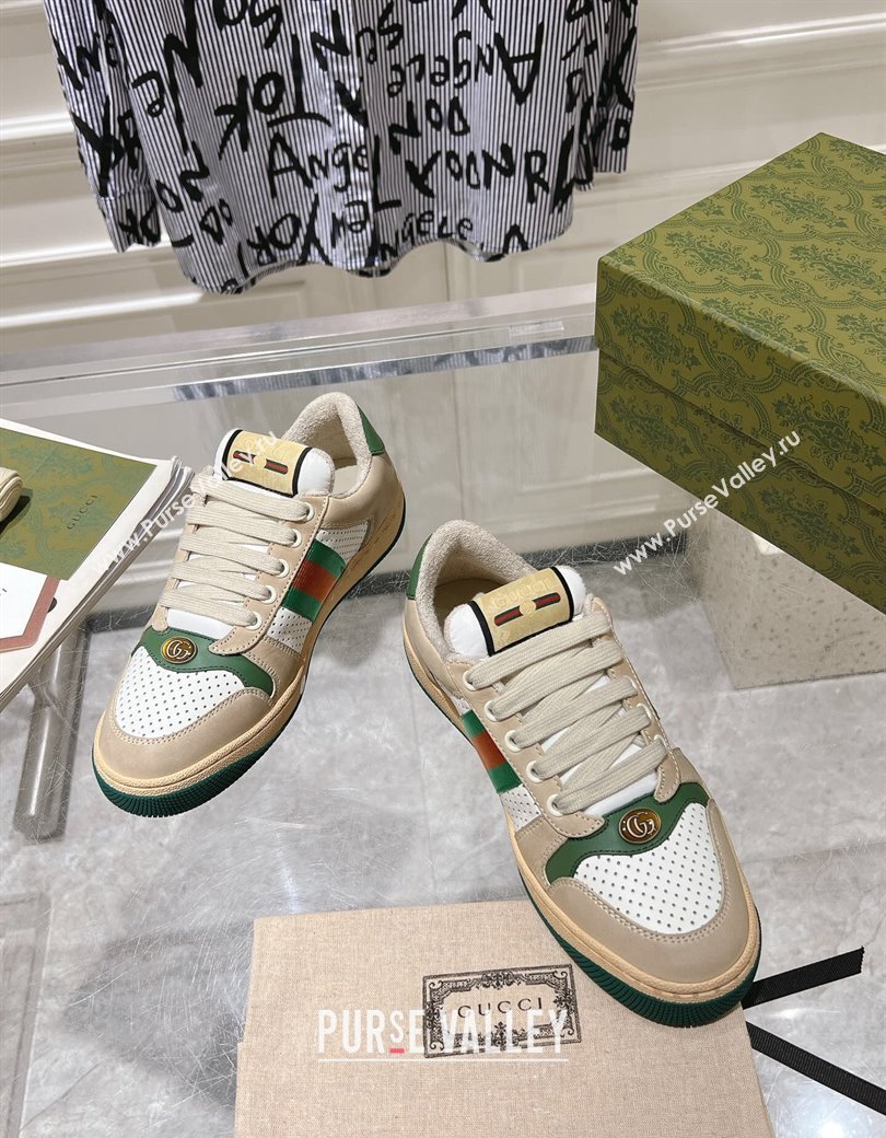 Gucci Screener Trainer Sneakers in Perforated Leather with Web Beige/Green 2024 1119 (SS-241119139)