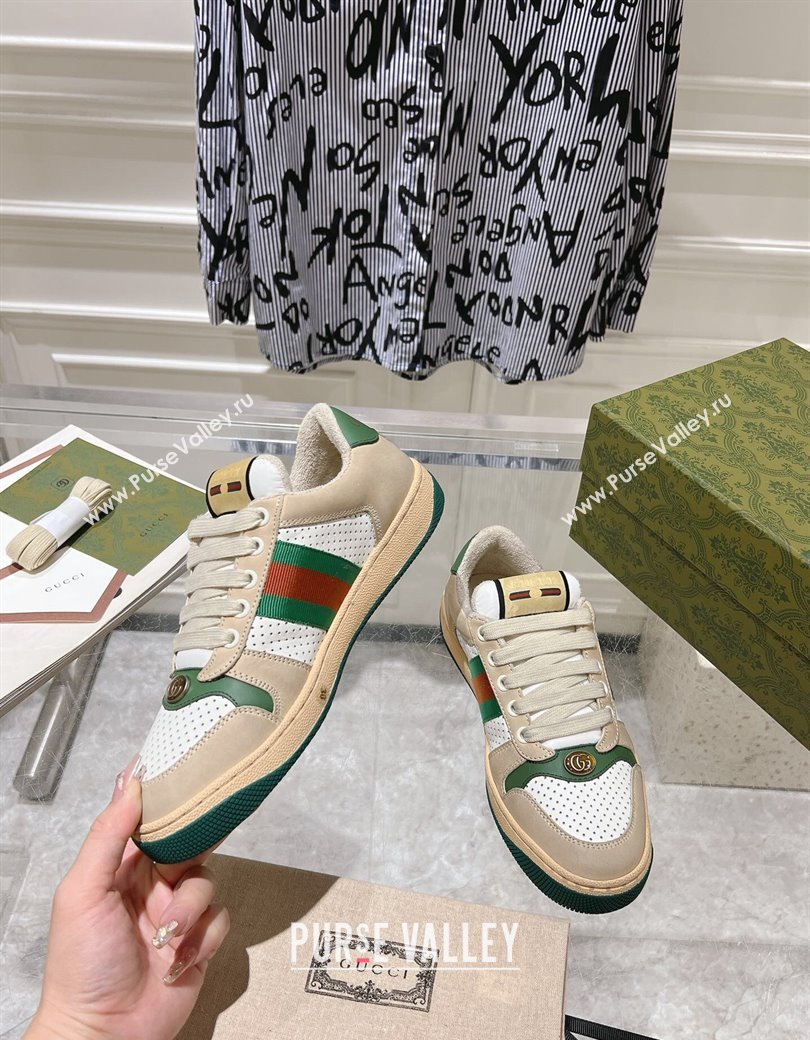 Gucci Screener Trainer Sneakers in Perforated Leather with Web Beige/Green 2024 1119 (SS-241119139)