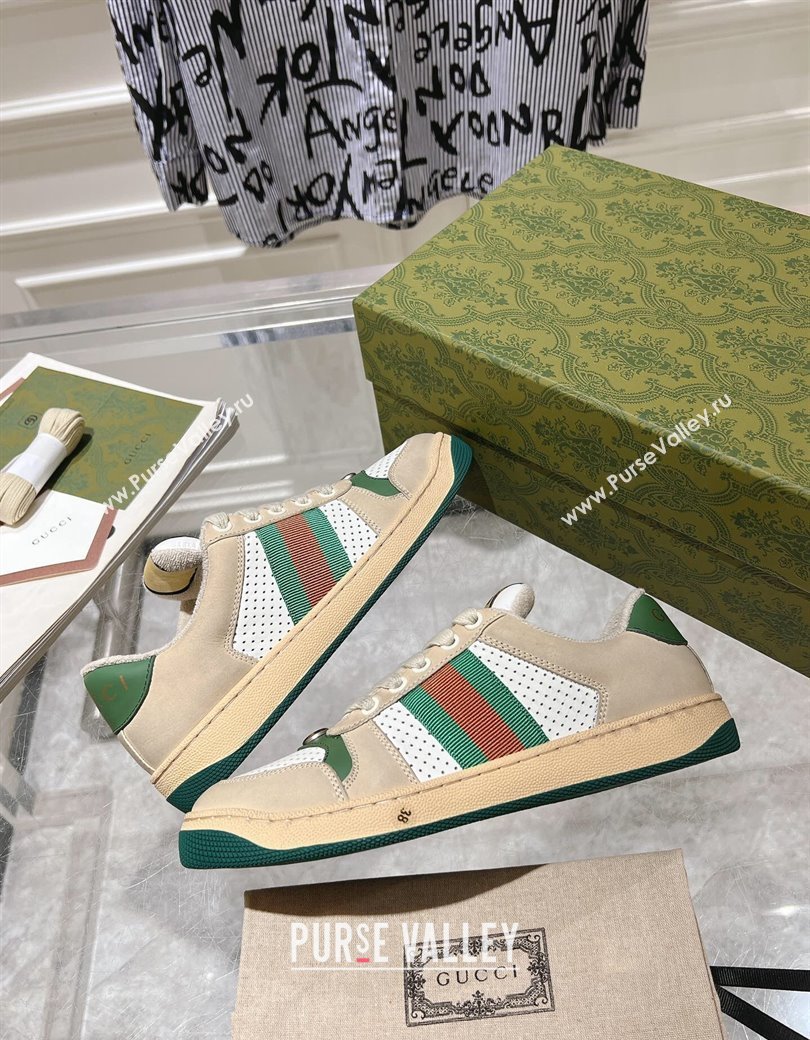 Gucci Screener Trainer Sneakers in Perforated Leather with Web Beige/Green 2024 1119 (SS-241119139)