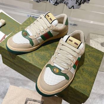 Gucci Screener Trainer Sneakers in Perforated Leather with Web Beige/Green 2024 1119 (SS-241119139)