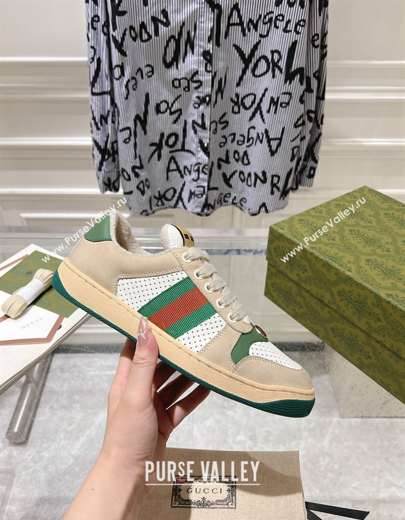 Gucci Screener Trainer Sneakers in Perforated Leather with Web Beige/Green 2024 1119 (SS-241119139)