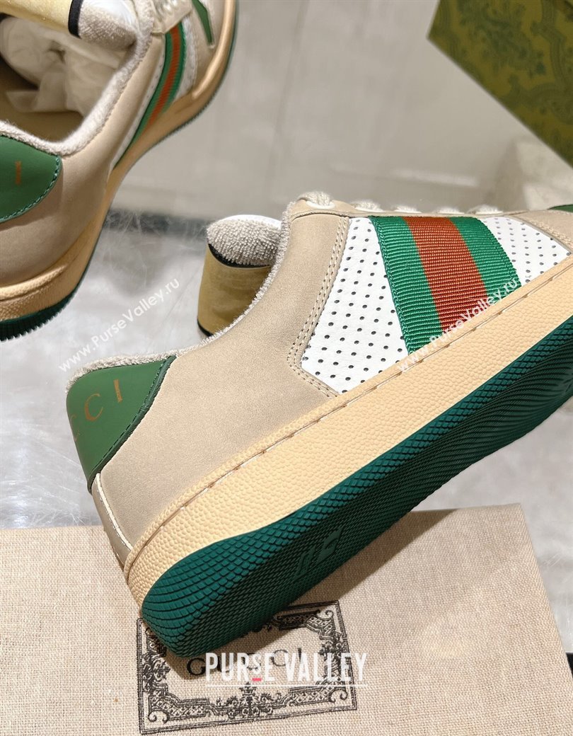 Gucci Screener Trainer Sneakers in Perforated Leather with Web Beige/Green 2024 1119 (SS-241119139)