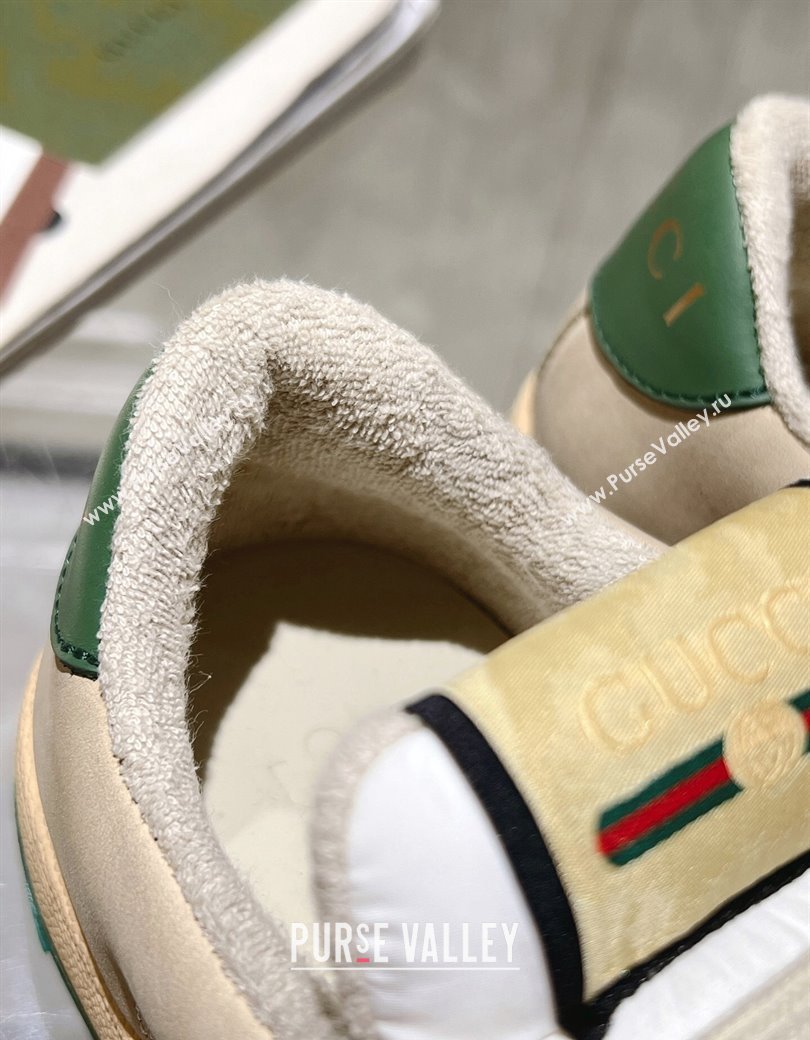 Gucci Screener Trainer Sneakers in Perforated Leather with Web Beige/Green 2024 1119 (SS-241119139)