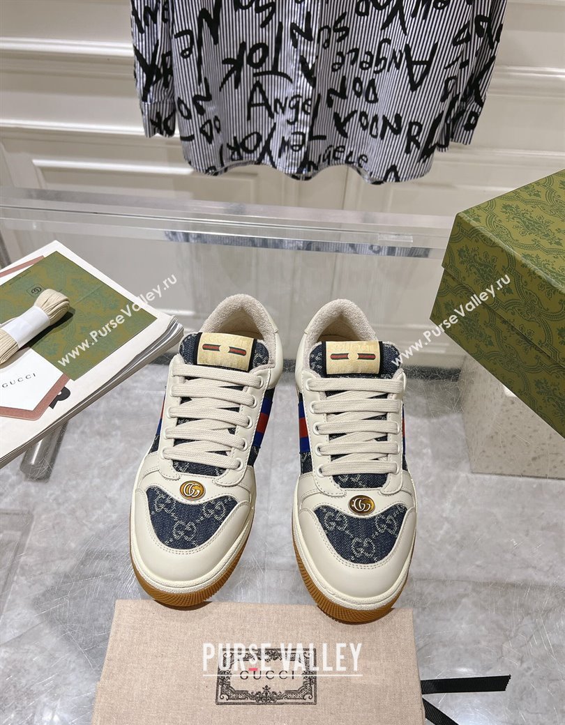 Gucci Screener Trainer Sneakers in White Leather and GG Denim with Web 2024 (SS-241119140)