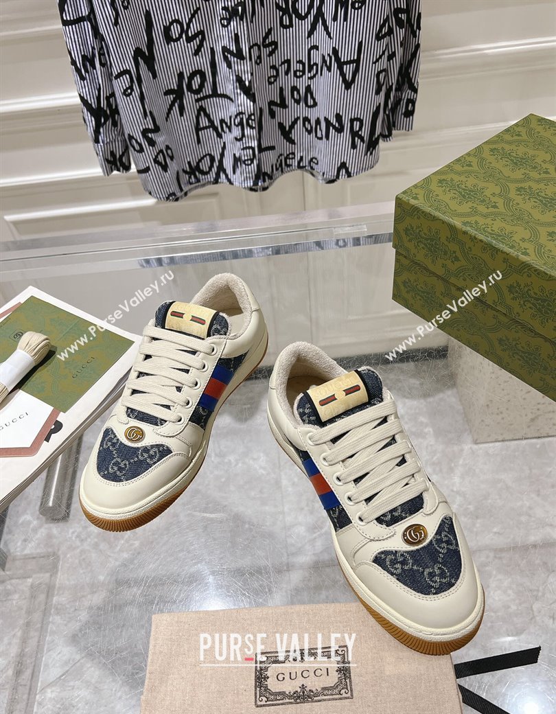 Gucci Screener Trainer Sneakers in White Leather and GG Denim with Web 2024 (SS-241119140)