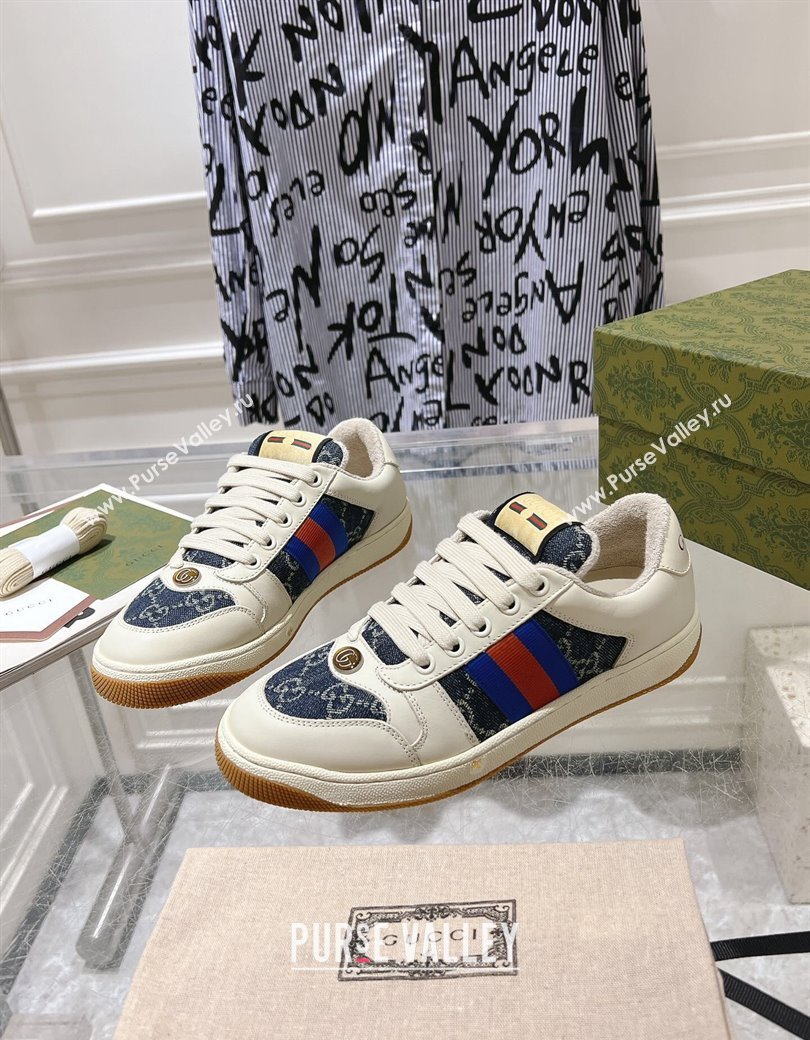 Gucci Screener Trainer Sneakers in White Leather and GG Denim with Web 2024 (SS-241119140)