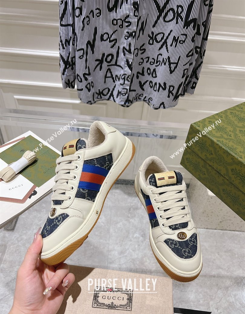 Gucci Screener Trainer Sneakers in White Leather and GG Denim with Web 2024 (SS-241119140)