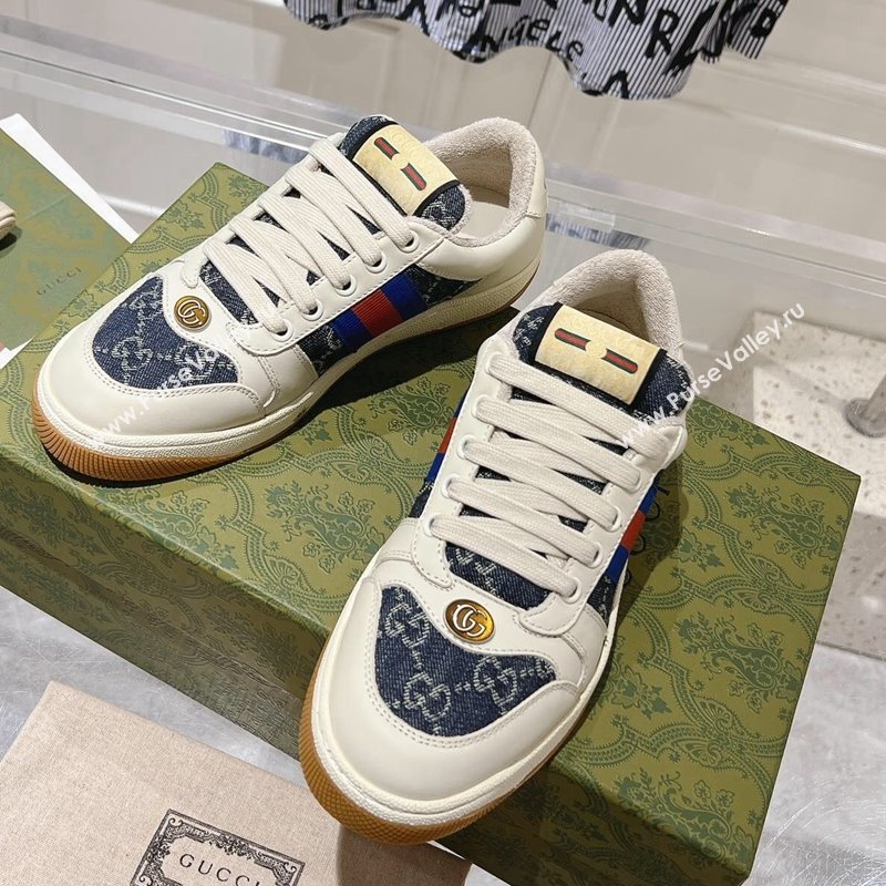 Gucci Screener Trainer Sneakers in White Leather and GG Denim with Web 2024 (SS-241119140)