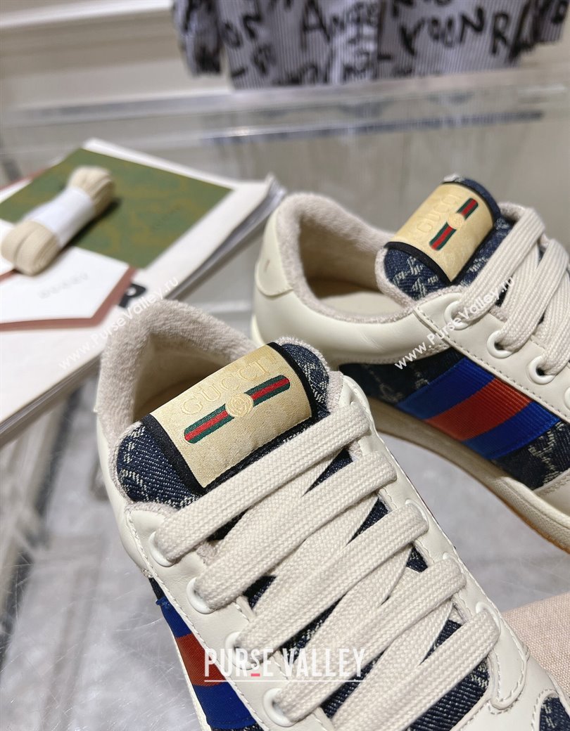 Gucci Screener Trainer Sneakers in White Leather and GG Denim with Web 2024 (SS-241119140)