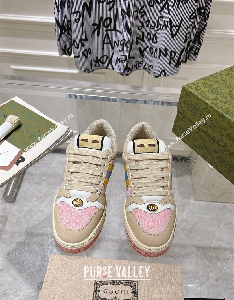 Gucci Screener Trainer Sneakers in Beige Suede and GG Canvas with Web Pink 2024 (SS-241119141)